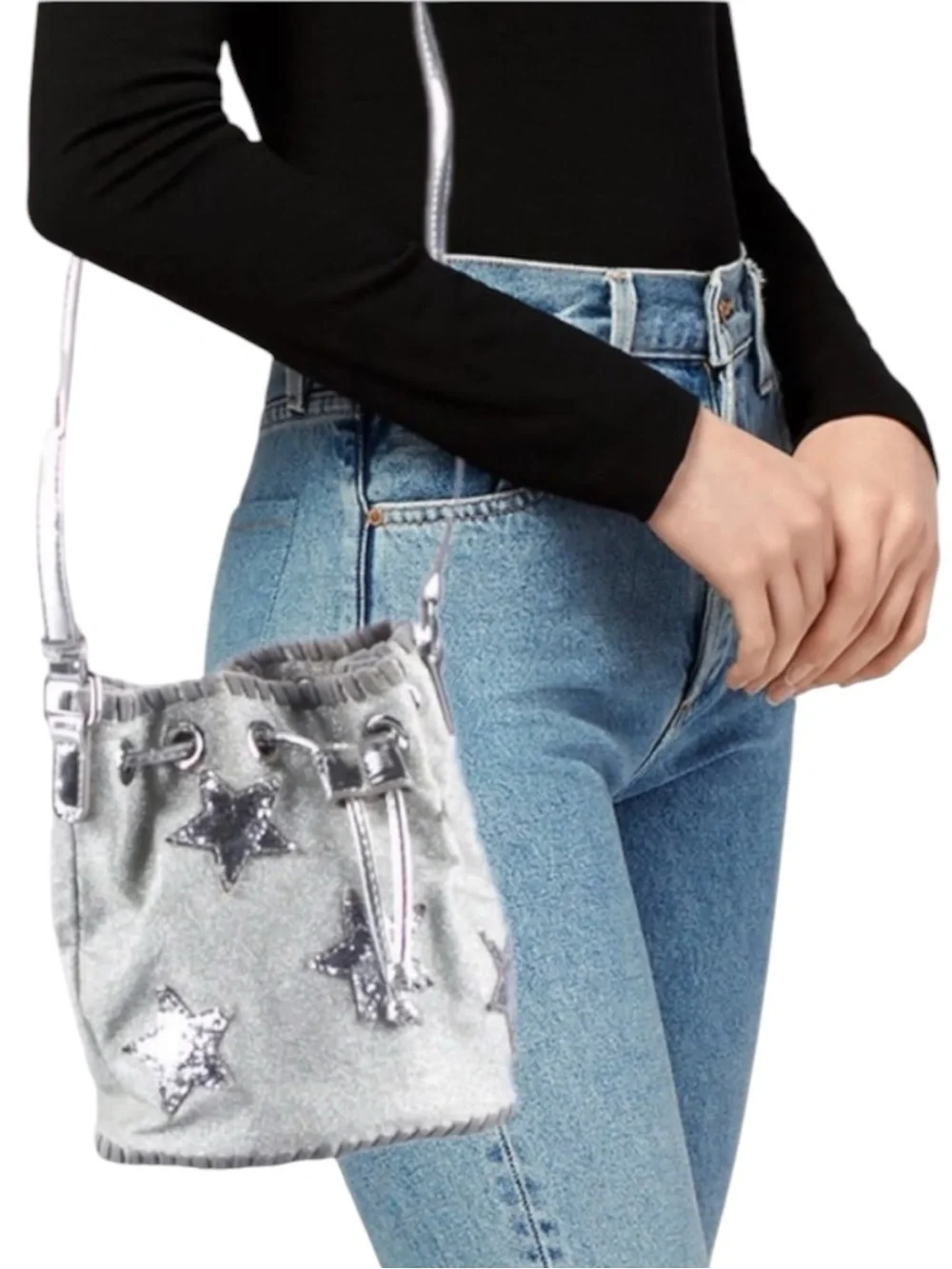 NWOT Stella McCartney Silver Glitter Star  Bucket Crossbody Bag